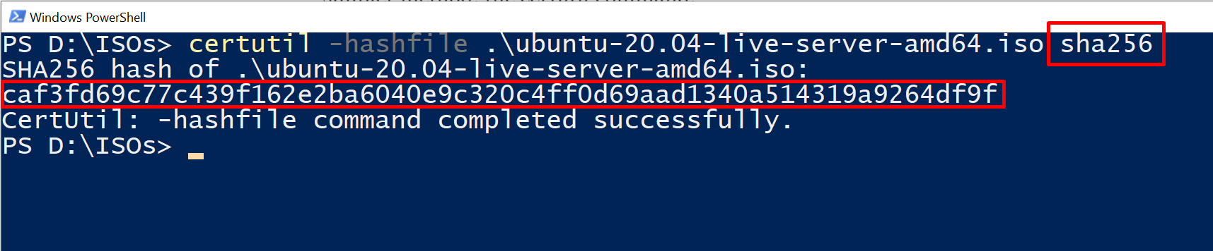 Screenshot of powershell window showing a calculated hash value for Ubuntu Server, matching that of the value on the official Ubuntu website.