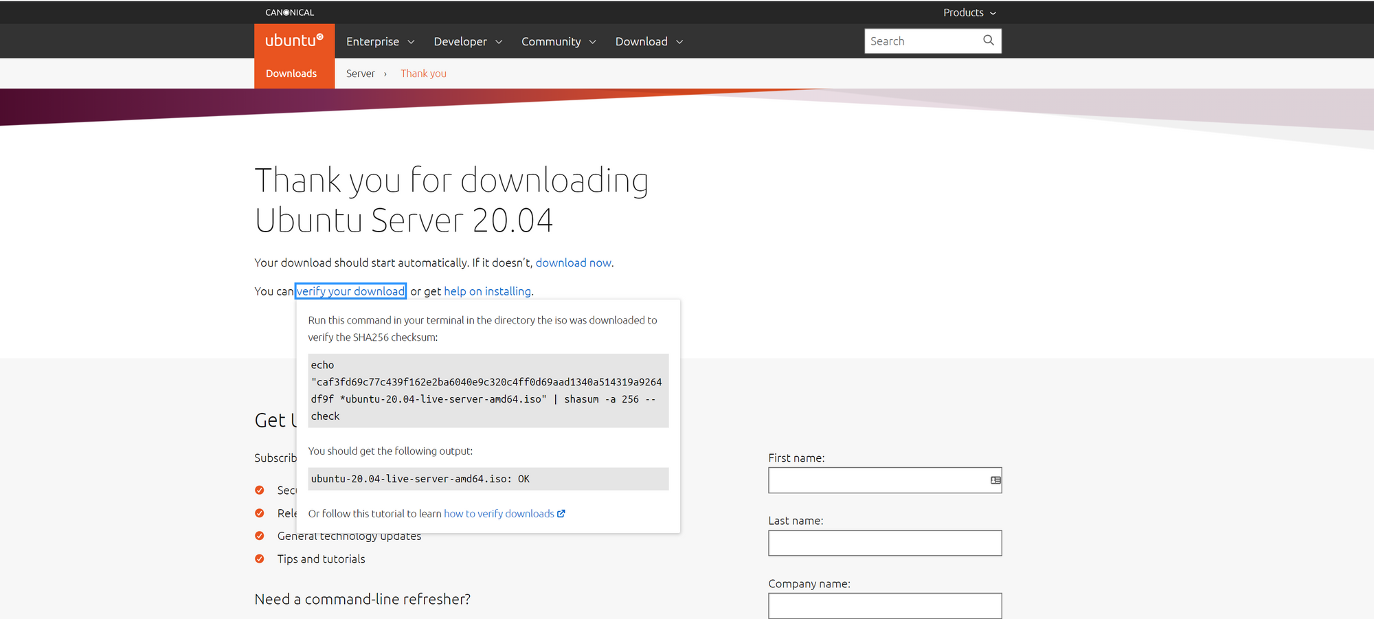 Screenshot of Ubuntu Server download page listing SHA256 checksum hash