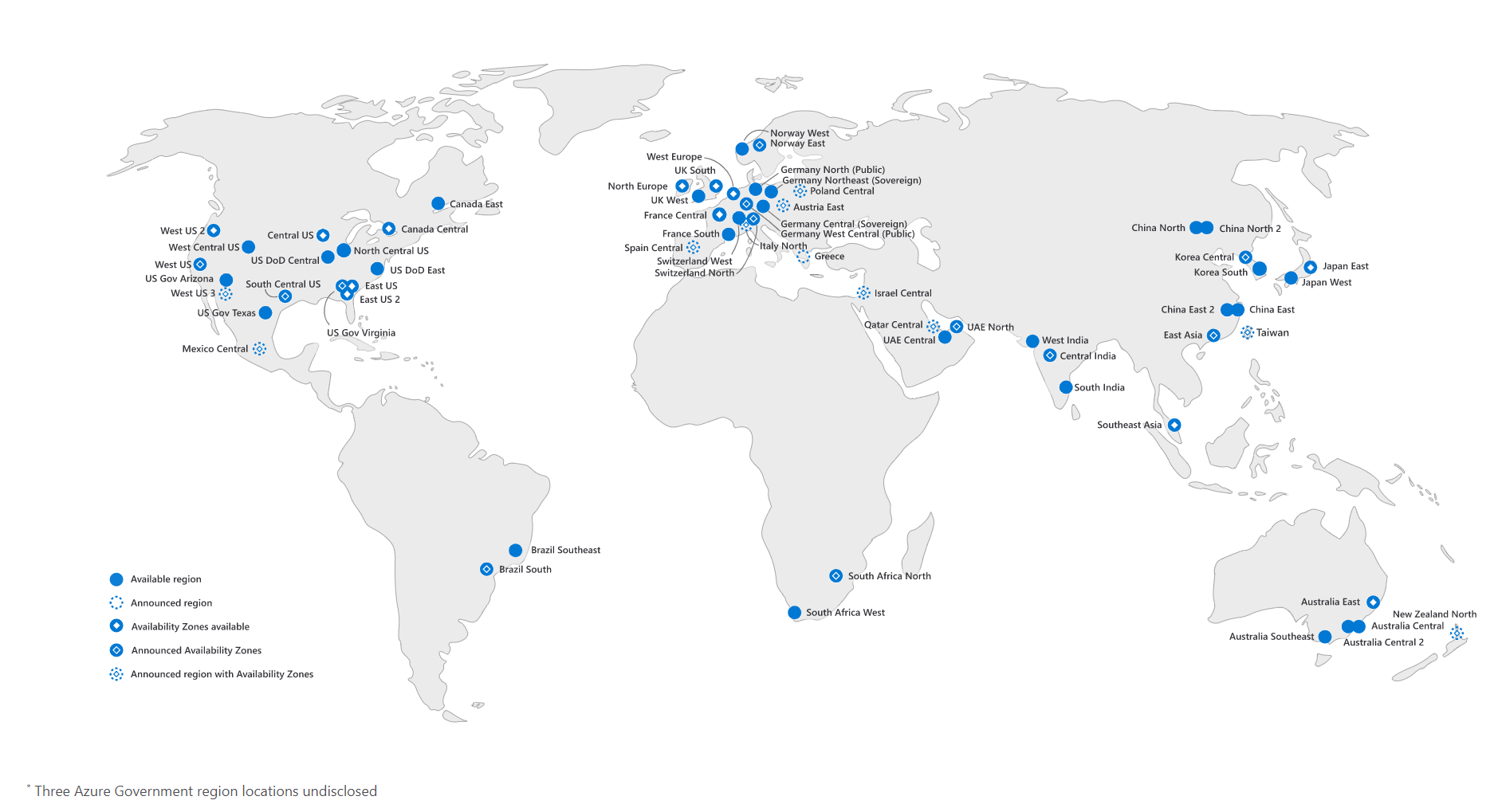 World map showing pin-points of current and planned Azure Regions