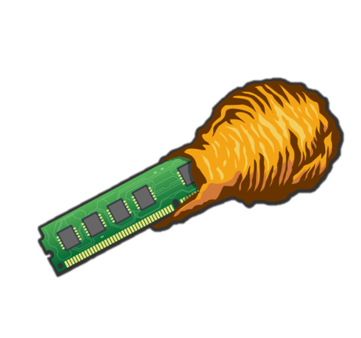 Cartoon caricature of PC RAM chip covered in batter, shaped like a chicken drumstick