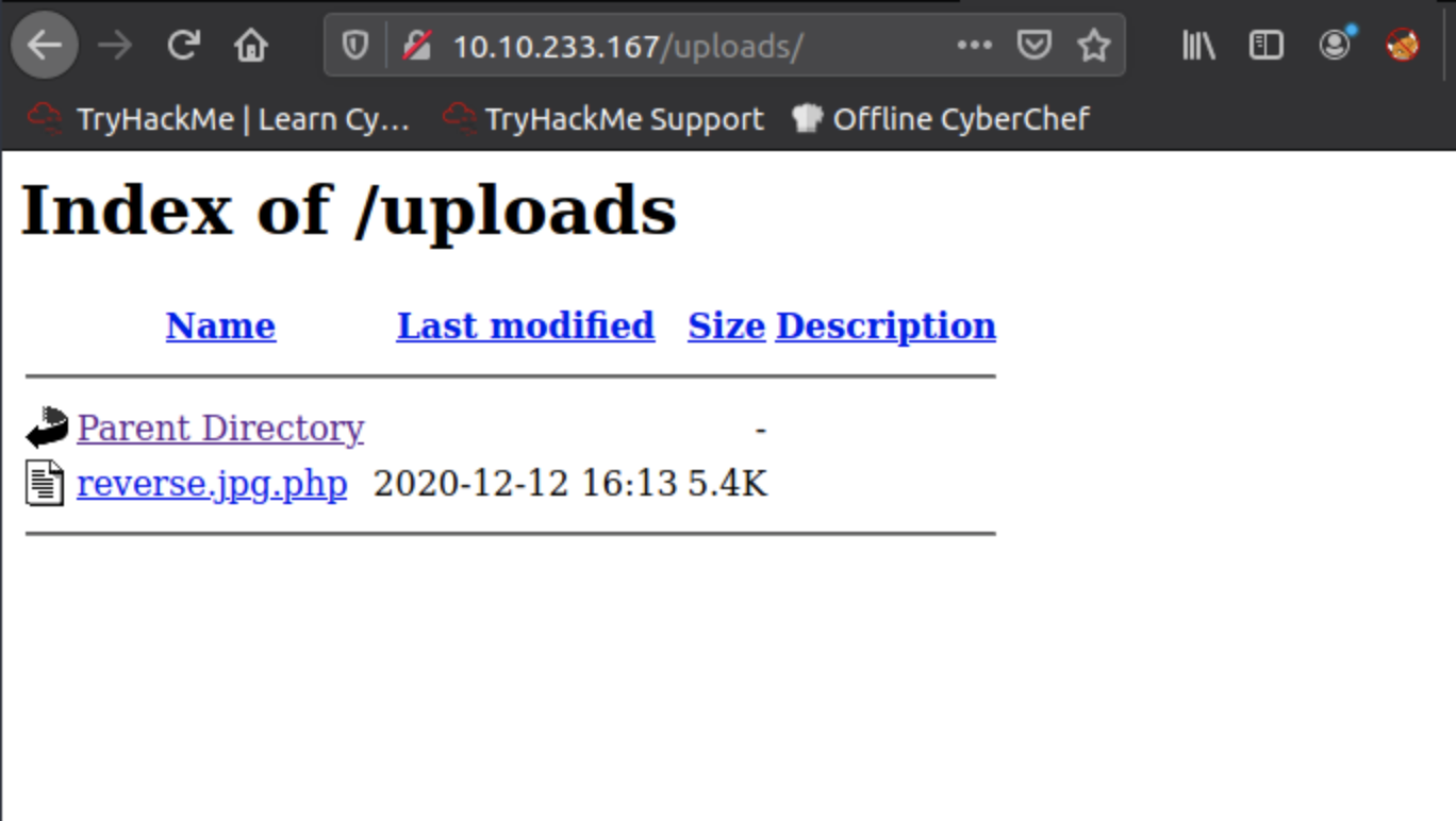 Screenshot of uploads directory showing reverse shell script has been successfully uploaded