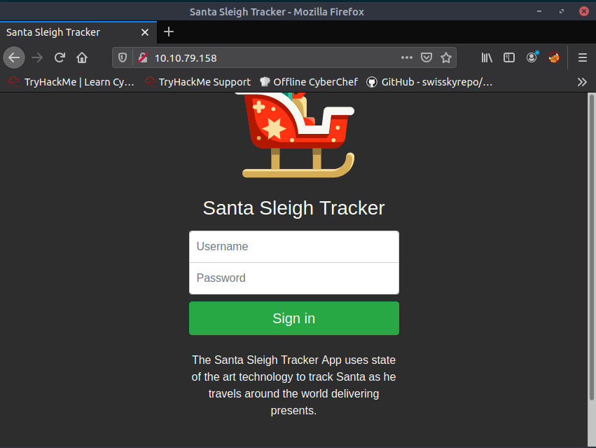Log-on page for Santa Sleigh Tracker, with username and password input above sign in button